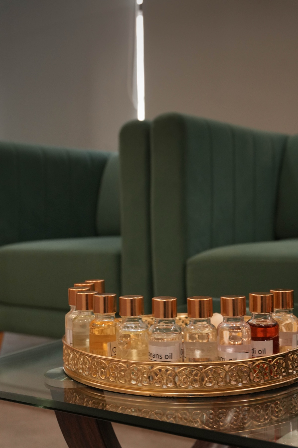 Aromatherapy oils on a brass tray